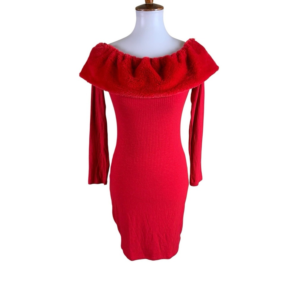 Active USA Red Off‎ Shoulder Fuzzy Trim Bodycon Sweater Dress Medium
